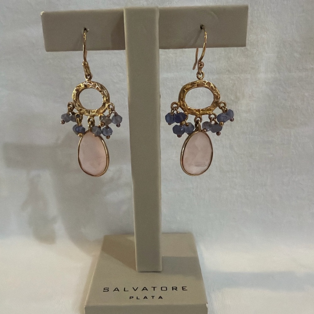 Salvatore Plata Gold Drop Earrings Rose Quartz & Blue Gemstones $130 Retail